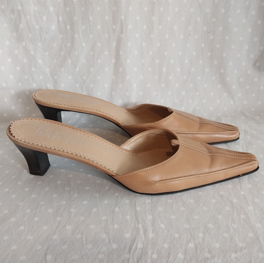 Franco Sarto Tan Leather Pointed Toe Slip On Heeled Mules